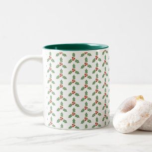 Christmas Holly Pattern Green Holly Red Berries Two-Tone Coffee Mug