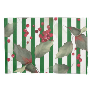 Christmas Holly Pattern Green Stripes  Pillowcase