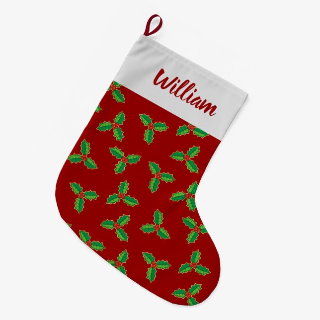Christmas Holly Pattern Large Christmas Stocking (Front (Hanging))