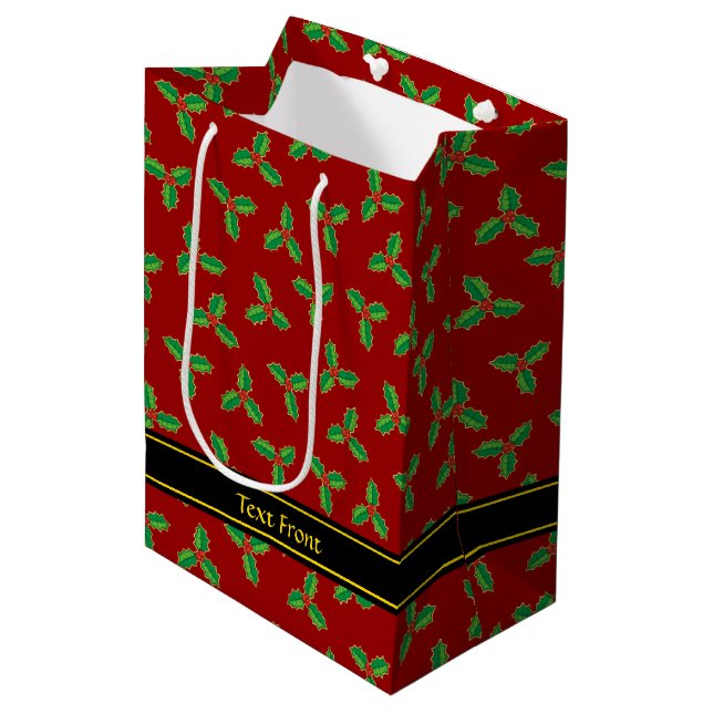 Christmas Holly Pattern Medium Gift Bag (Front Angled)
