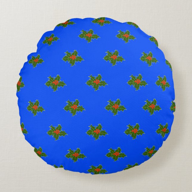 Christmas Holly pattern on blue background Round Cushion (Front)