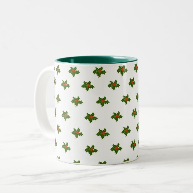 Christmas Holly Pattern  Two-Tone Coffee Mug (Front Left)