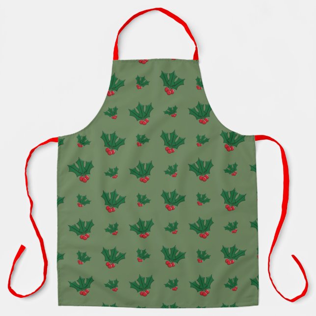 Christmas Holly Patterned All-Over Print Apron (Front)