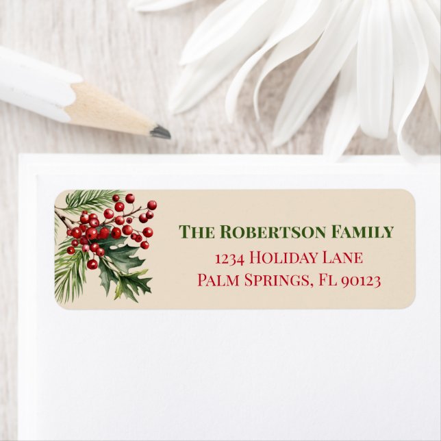 Christmas Holly Pine Beige Return Address Label (Insitu)