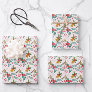 Christmas Holly Pine Branches Holiday Poinsettia Wrapping Paper Sheet