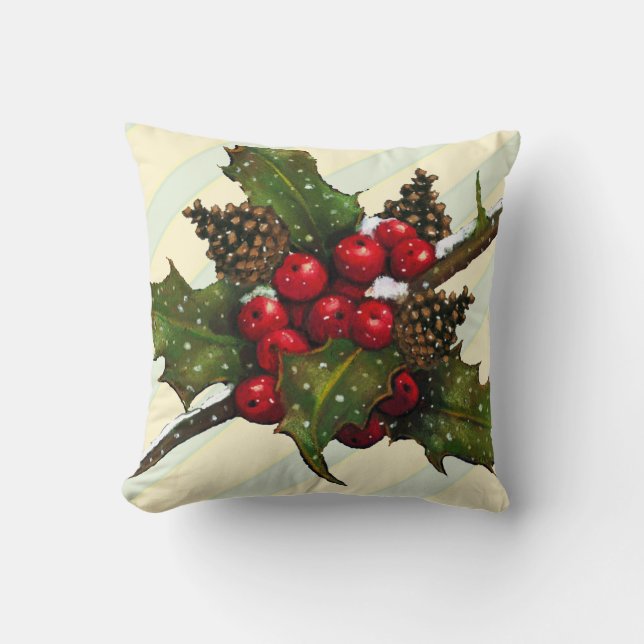 Christmas Holly, Pine Cones, Berries, Stripes Cushion (Front)
