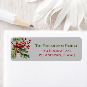 Christmas Holly Pine Grey Return Address Label