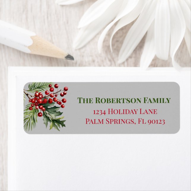 Christmas Holly Pine Grey Return Address Label (Insitu)