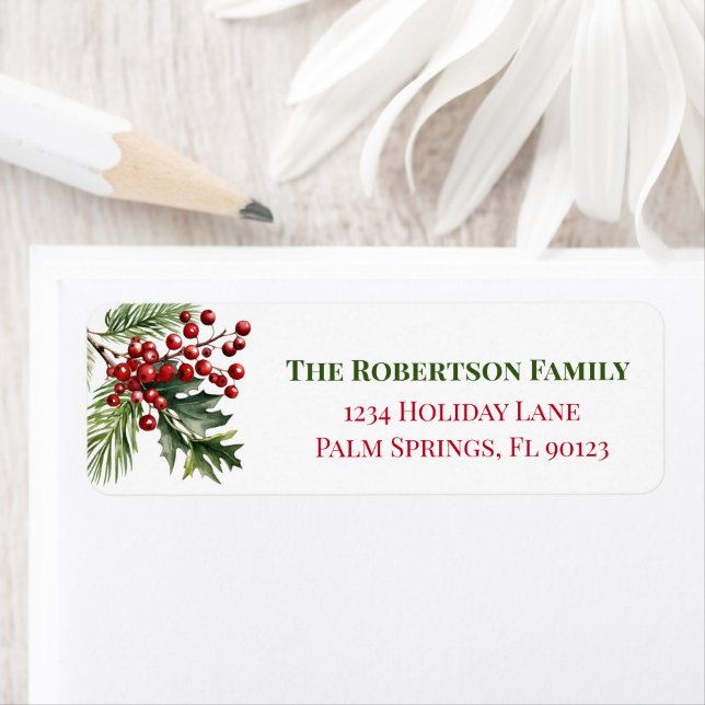 Christmas Holly Pine Red Green Return Address Label (Insitu)