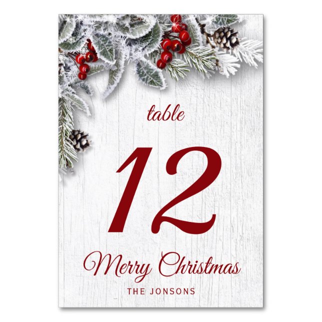 Christmas Holly Pine Rustic Holiday Christmas Table Number (Front)