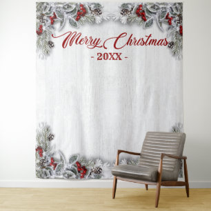 Christmas Holly Pine Rustic Photo Booth Backdrop Tapestry