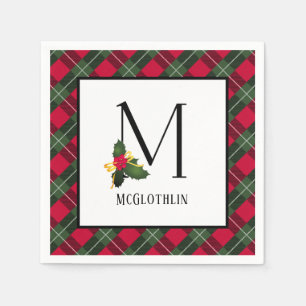 Christmas Holly Plaid Monogram M Personalised Napkin
