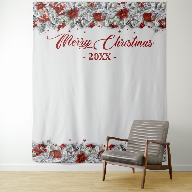 Christmas Holly Poinsettia Photo Booth Backdrop Tapestry (In Situ)