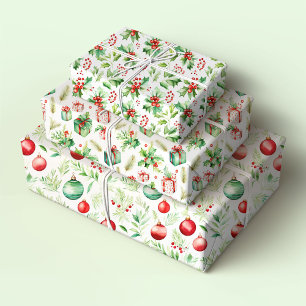 Christmas Holly, Presents and Ornaments Wrapping Paper Sheet