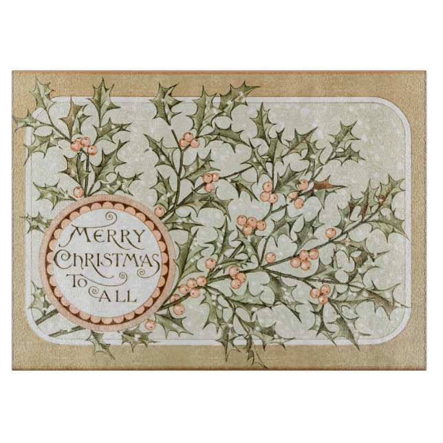 Christmas Holly Pretty Antique Greeting Cutting Board (Front)