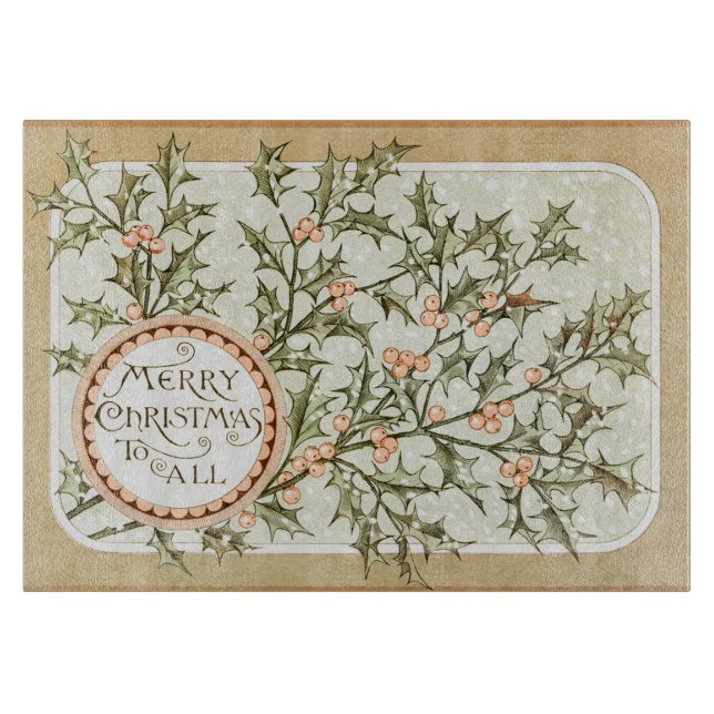 Christmas Holly Pretty Antique Greeting Cutting Board (Front)