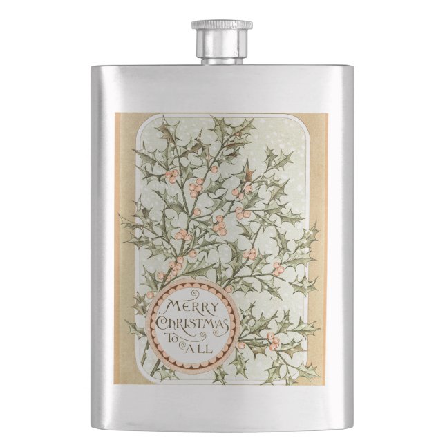 Christmas Holly Pretty Antique Greeting Hip Flask (Front)