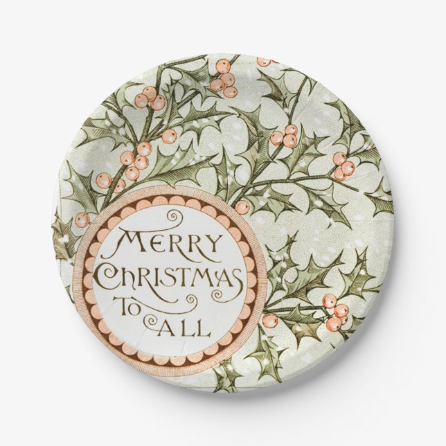 Christmas Holly Pretty Antique Greeting Paper Plate (Front)