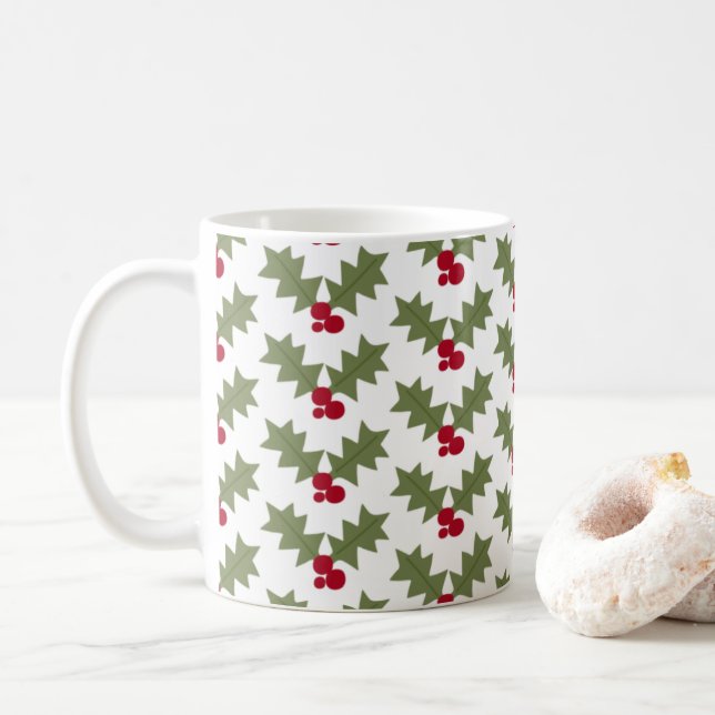 Christmas Holly Red Berries Green Leaves Coffee Mug (With Donut)
