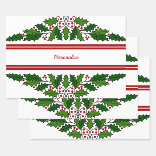 Christmas Holly & Red Berries Xmas Holiday Wrapping Paper Sheet