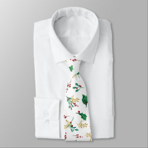 Christmas Holly Red Berry Foliage Gold Greenery Tie