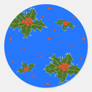Christmas Holly Red Berry Pattern on Festive Blue Classic Round Sticker
