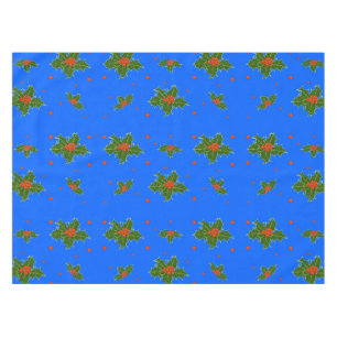 Christmas Holly Red Berry Pattern on Festive Blue Tablecloth