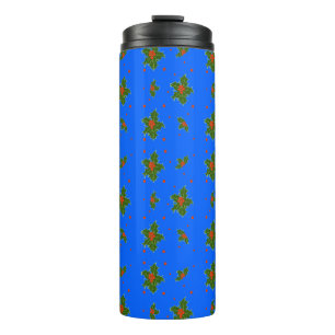 Christmas Holly Red Berry Pattern on Festive Blue Thermal Tumbler