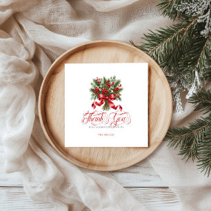 Christmas Holly Red Bow Thank You Red Typography Napkin