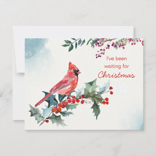 Christmas holly, red Cardinal, Flat Holiday Card (Front)