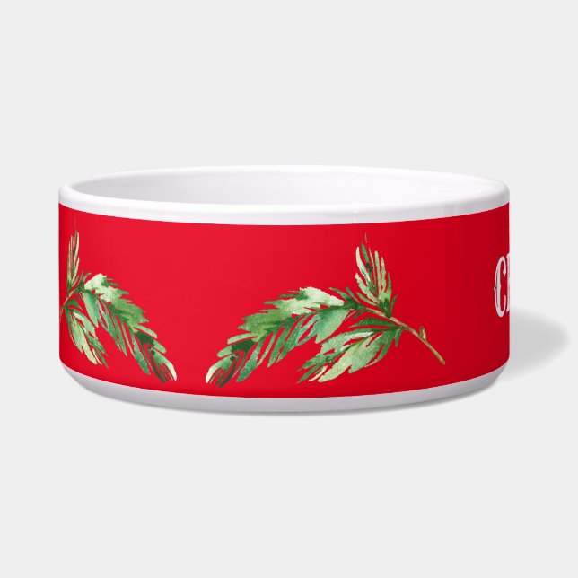 Christmas Holly Red & Green Name Dog Bowl (Left)