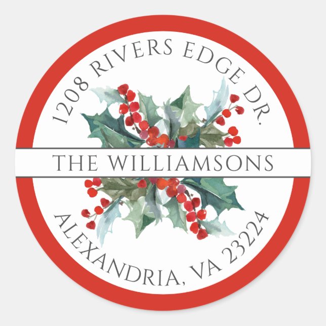 Christmas Holly Red Return Address Classic Round Sticker (Front)