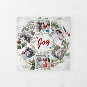 Christmas Holly Rustic Birch Bark Multi Photo Tri- Tri-Fold Holiday Card