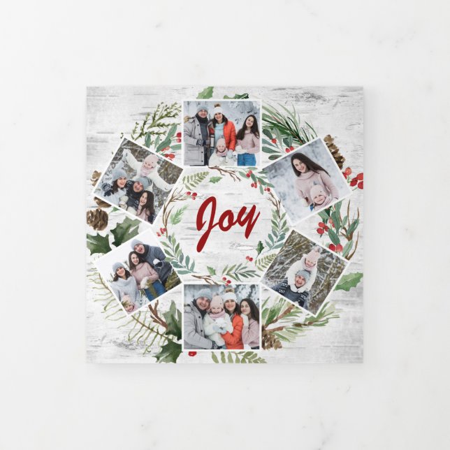 Christmas Holly Rustic Birch Bark Multi Photo Tri- Tri-Fold Holiday Card (Cover)