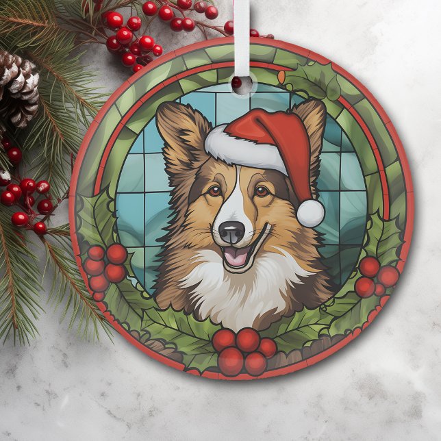 Christmas Holly Santa Hat Shetland Sheepdog Glass Tree Decoration (Creator Uploaded)