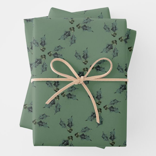 Christmas holly sketch holiday green   wrapping paper sheet (In situ)
