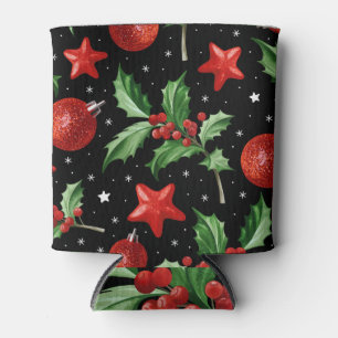 Christmas Holly Snow Stars Seamless Can Cooler