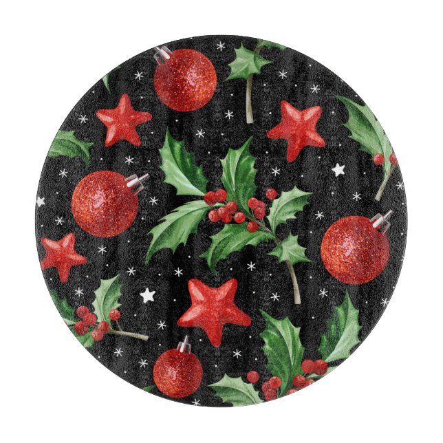 Christmas Holly Snow Stars Seamless Cutting Board (Front)