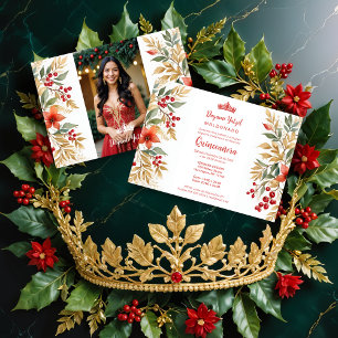 Christmas Holly Sweet Floral Spanish Photo Mis XV Invitation