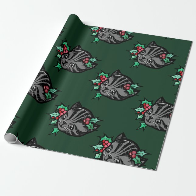Christmas Holly Tiger Stripe Tabby Cat Xmas        Wrapping Paper (Unrolled)