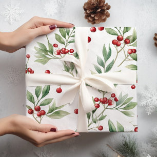 Christmas Holly Watercolor Red and Green Wrapping Paper Sheet