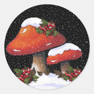 Christmas Holly With Red Mushrooms, Snow Classic Round Sticker