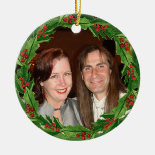 Christmas Holly Wreath Custom Photo Ceramic Ornament