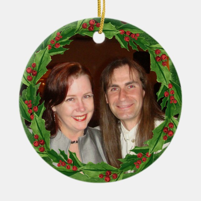 Christmas Holly Wreath Custom Photo Ceramic Ornament (Front)