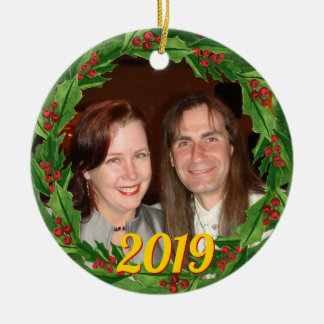 Christmas Holly Wreath Custom Photo Ceramic Ornament
