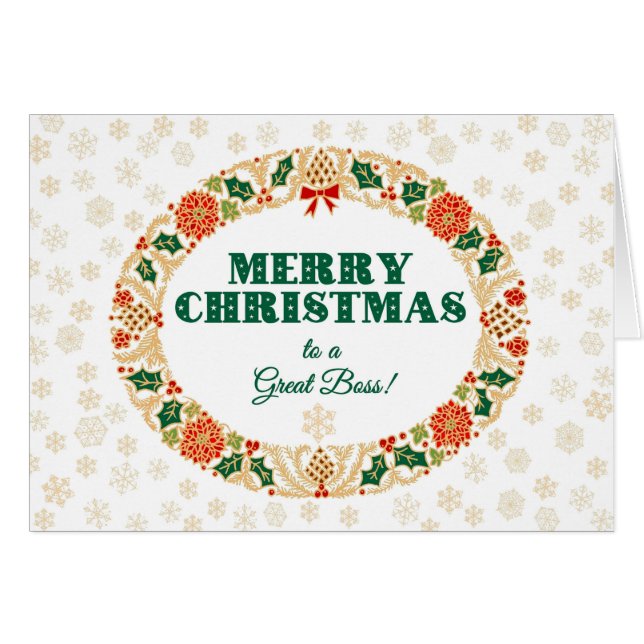 Christmas Holly Wreath for Great Boss, Snowflakes (Front Horizontal)