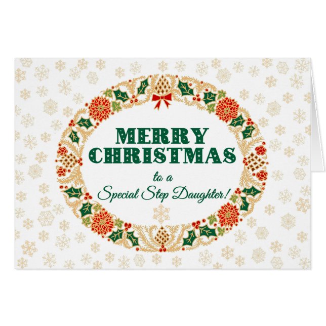 Christmas Holly Wreath for Stepdaughter Snowflakes (Front Horizontal)