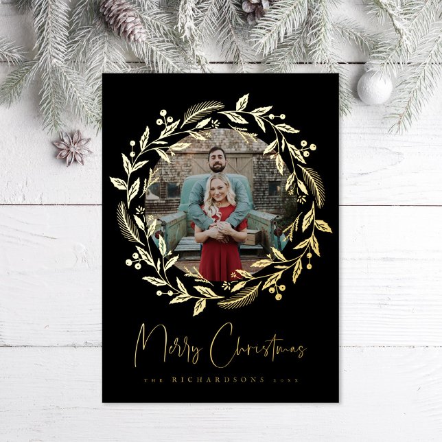 Christmas Holly Wreath Holiday Photo Foil Card (Creator Uploaded)