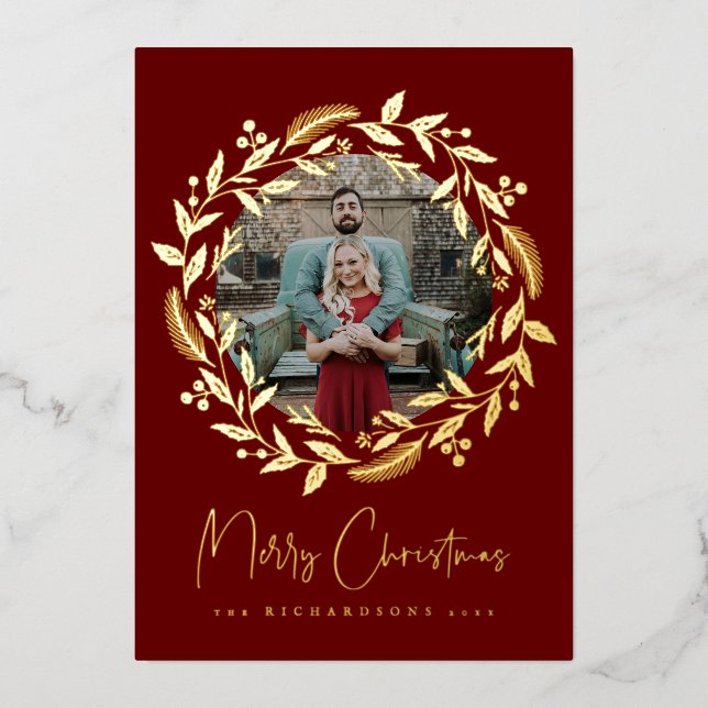 Christmas Holly Wreath Holiday Photo Foil Card (Front)