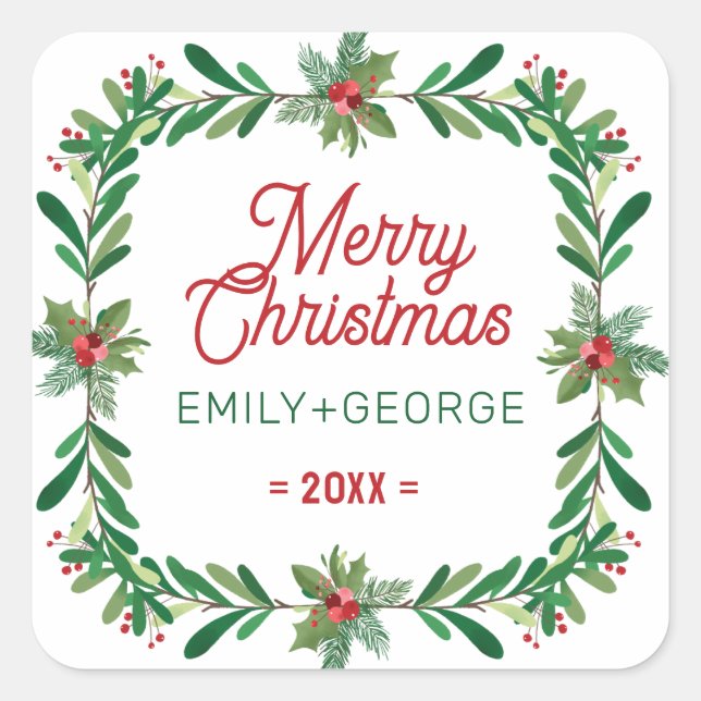 Christmas Holly Wreath Merry Christmas Text Square Sticker (Front)